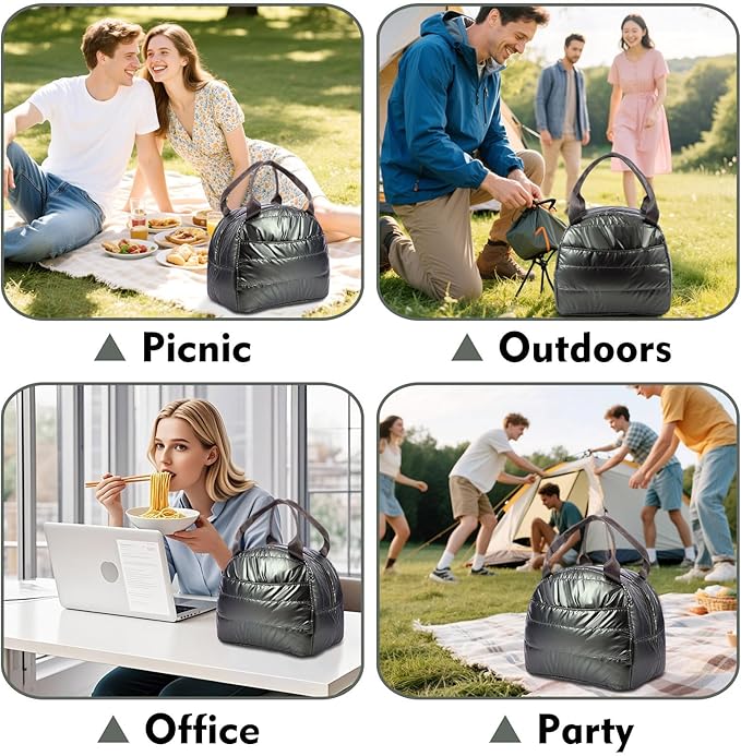 Lunch Bag Lunch Box for Women Men Adult Insulated Cute Small Quilted Puffer Lunchbox Reusable Thermal Lunch Cooler Tote Bag for Work, Picnic or Travel-Olive green