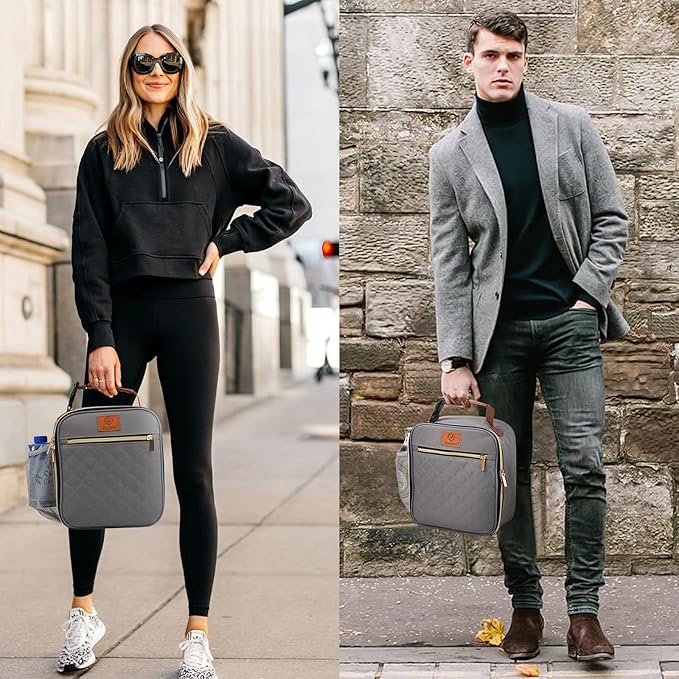 Lunch Box Reusable Lunch Bag for Men Women Kids Adults,Insulated Lunch Bag Waterproof Lunch Box Cooler,Small Lunch Box With Side Pockets for Work Office School Travel Picnic -Gray