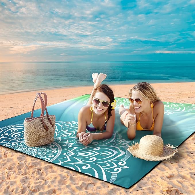 Beach Blanket Waterproof Sandproof Beach Mat 79" X 83" /10'x9'for 2-8 Adults Quick Drying Outdoor Picnic Mat Beach Accessories for Travel, Camping, Hiking