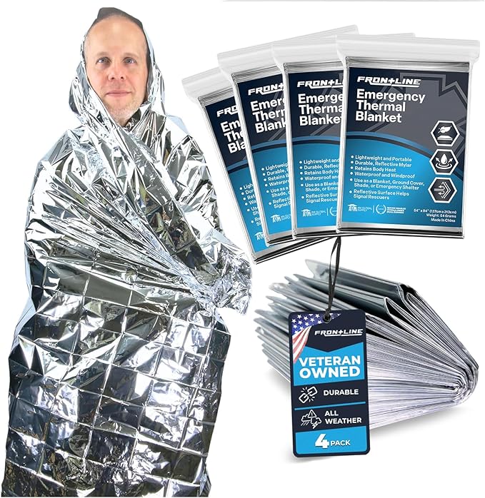 FRONTLINE Emergency Thermal Blankets Large 54" x 84" Mylar Blankets Survival Gear Camping Gear Emergency Space Blanket First Aid for Survival (4)