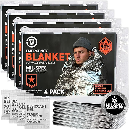 72 HRS Large Emergency Mylar Space Blankets 4-Pack, MIL-SPEC 54″ × 88″ Thermal Survival Foil – Retains 90% Body Heat, Waterproof Reflective Blanket for Camping, Hiking, Marathon, First Aid