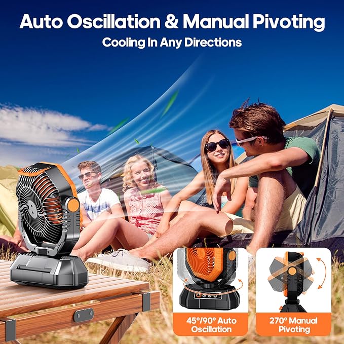 AJVV Camping Fan Rechargeable, Battery Powered Fan With Remote Controller, LED Light, Dual-Blade, Stepless Speed, 45°/90°/270° Swing,Timer, Portable fan For Travel Tent Bedroom Beach Fishing, Orange