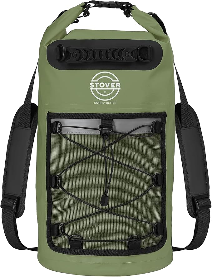 STOVER 5/10/25/30/40/55L Waterproof Dry Backpack- Medium Floating Dry Bag for Kayaking, Travel, Tubing, Hiking, Fishing, Camping, Motorcycles & the Beach, Heavy-Duty Roll Top Men/Women (Green)