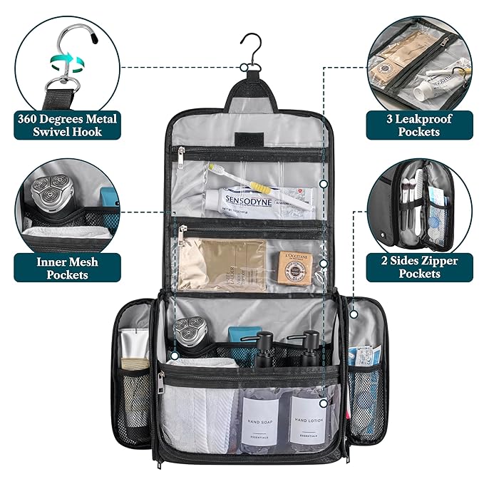 PAVILIA Large Hanging Toiletry Bag Travel Bag Women Men, Cosmetic Organizer, Water Resistant Makeup Bag Accessories Toiletries, Travel Essentials Kit, Black