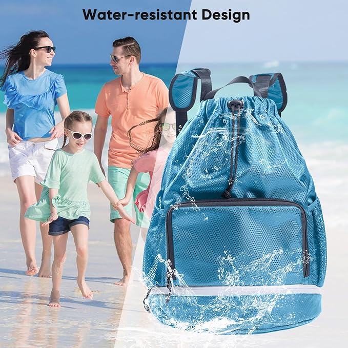 Swim Essentials Beach Gym Bag - Drawstring Backpack with Shoes Compartment and Waterproof Pocket for Kids, Men - Workout Bag