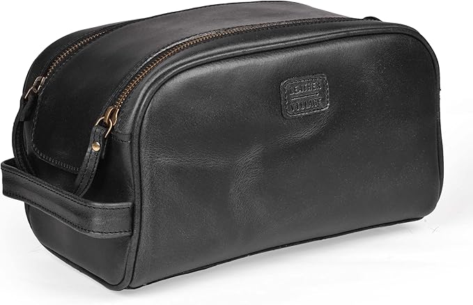 LEATHER VILLAGE Premium Leather Toiletry Travel Pouch With Waterproof Lining - Black | King-Size Handcrafted Vintage Dopp Kit Bag
