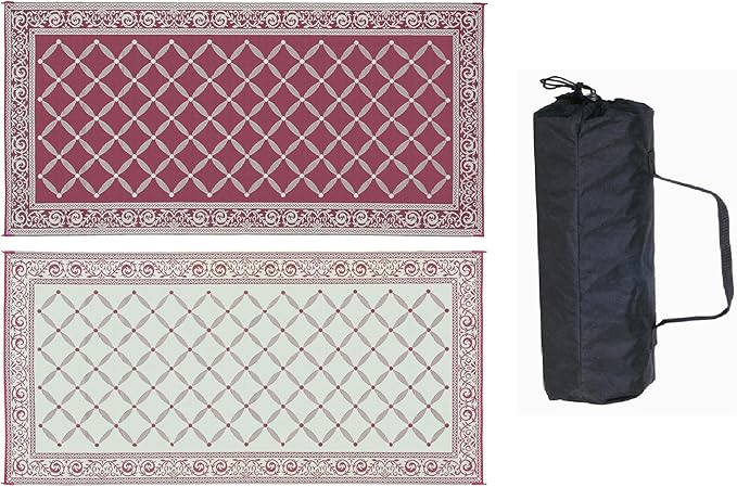 Stylish Camping 119185 9-feet by 18-feet Reversible Mat, Plastic Straw Rug, Large Floor Mat for Outdoors, RV, Patio, Backyard, Picnic, Beach, Camping (Burgundy/Beige)