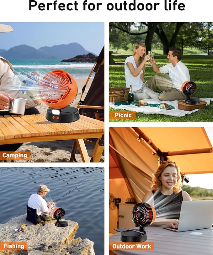 10400mAh Solar Camping Fan with LED Lantern, Rechargeable Portable Fan with 5W Solar Panel, Battery Operated Personal Fan for Outside Picnic, Fishing, Outdoor Tent Fan for Camping Essentials