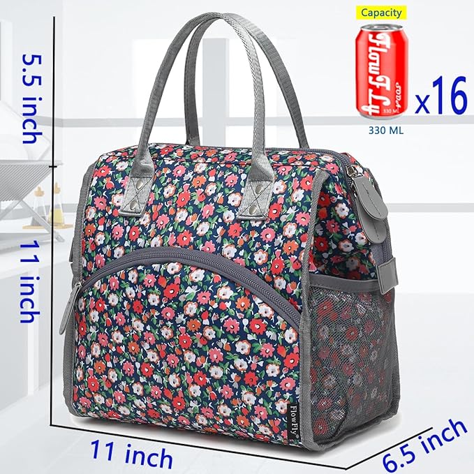 FlowFly Insulated Lunch Bag for Women, Men, Large and Reusable, Handle, Work and Travel Tote and Meal Prep Organizer, Floral
