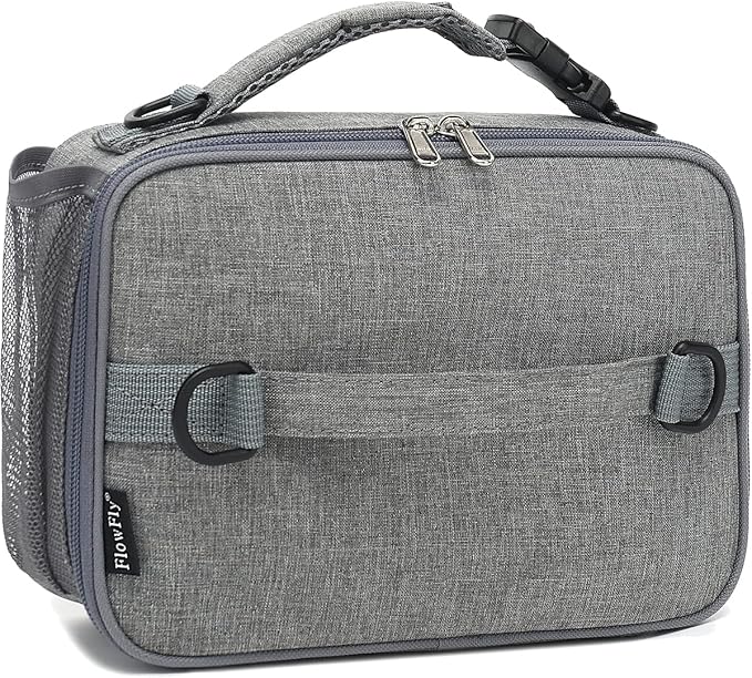 FlowFly Kids Lunch Bag, Durable Insulated School Lunch Box with Shoulder Strap and Bottle Holder, Water-resistant Thermal Small Lunch Cooler Tote for Teen Boys & Girls,Grey