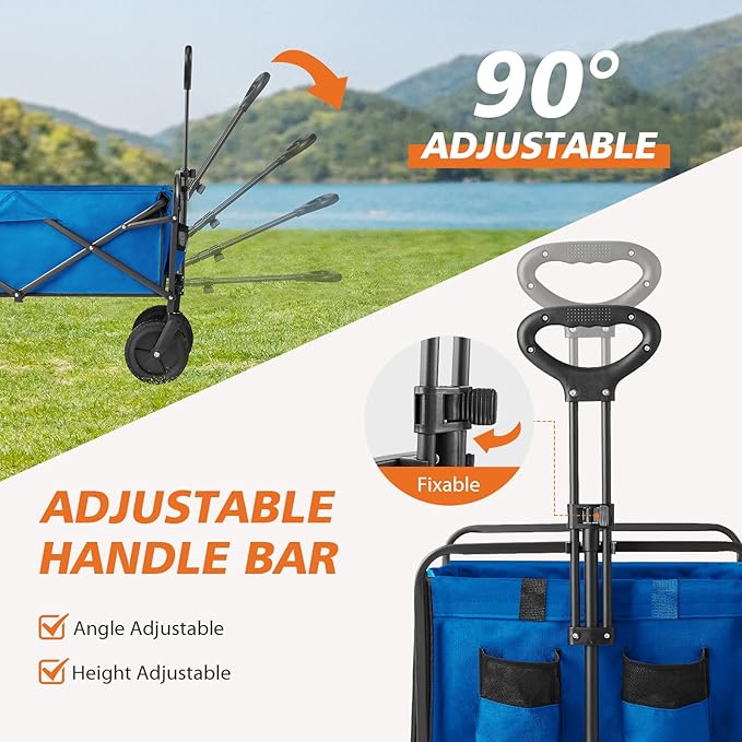 Sweetcrispy Foldable Wagon Cart, Collapsible Large Capacity Garden Cart with Wheels, Heavy Duty Utility Grocery Wagon with Drink Holders for Shopping Sports Camping
