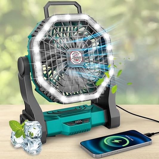 Roykaw Portable Camping Fan with 10400 mAh Rechargeable Battery, 36 Hrs Work, Ultra-bright LED Light & Cordless, Fit for Tent, Fishing, Bedroom, Office, Hurricane