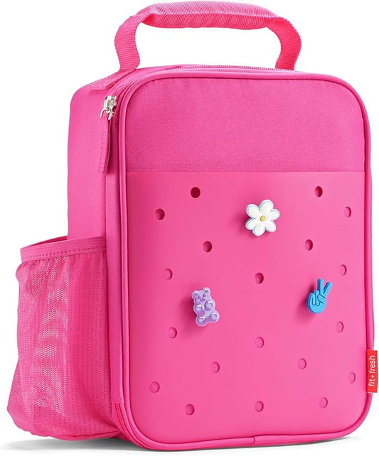 Fit & Fresh Charm Lunch Bag For Kids, Thermal Insulated Lunch Box For Kids Boys & Girls With Shoe Charm Slots For Personalization, School Lunch Box, Pink