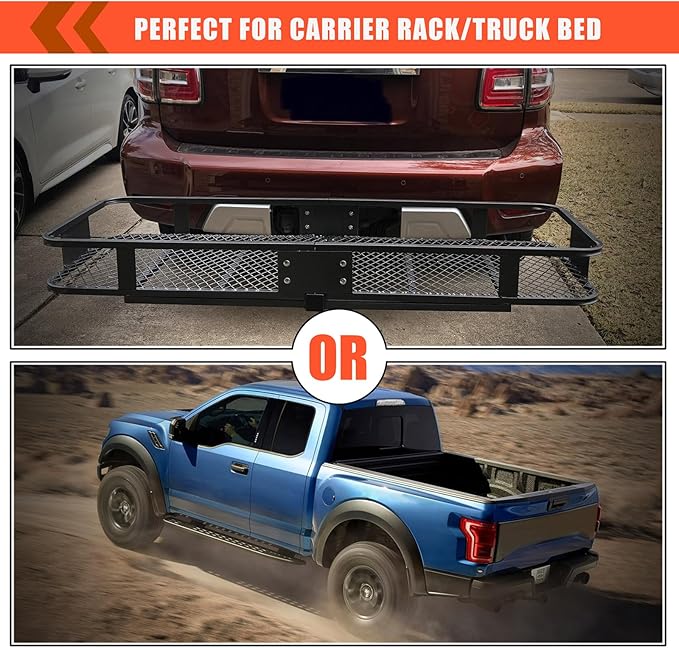 MeeFar Hitch Mount Cargo Carrier Bag Soft Shell 100% Waterproof 15 Cubic Feet (58" 19" 24") Include 8 Reinforced Straps for Truck Pickup All Vehicle with Steel Cargo Basket