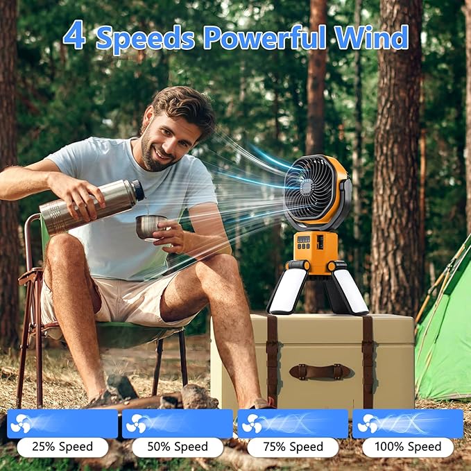 Automatic Oscillating Solar Camping Fan, 6000 mAh Rechargeable Fan with 4 Led Light, 4 Wind Speeds,3 Level Lighting, Suitable for Camping, Fishing, Picnics, Etc.-Orange
