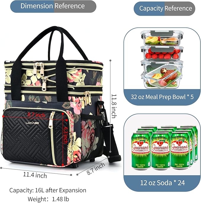 Lunch Box & Lunch Bag for Women, Large Insulated Adult Lunch Box Leakproof Lunchbox Cooler Bag for Work Picnic Beach,16L, Floral