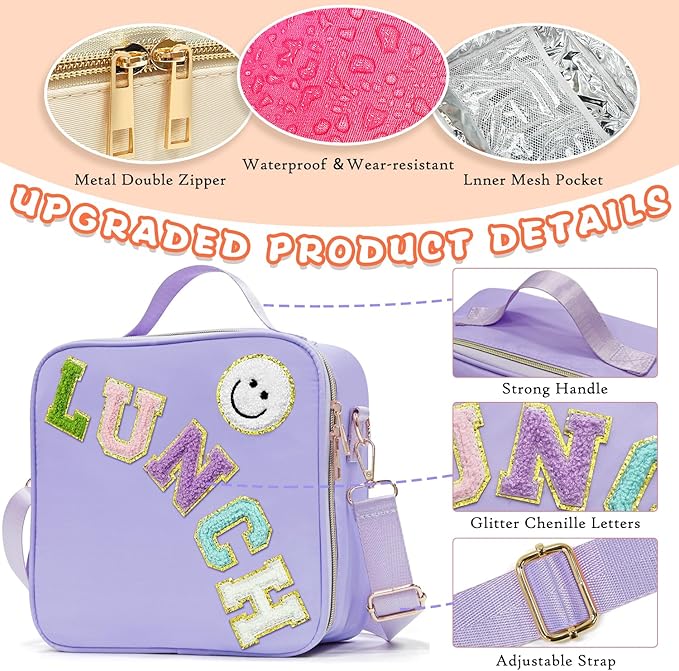 Insulated Lunch Bag Women Lunch Box Kids for Teen Girls Boys, Cute Preppy Lunch Boxes With Adjustable Shoulder Strap, Waterproof Nylon Lunchbox Lunch Bags for School Work Picnic (Purple)