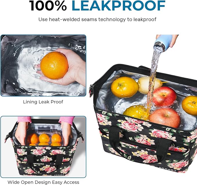 ECHSRT Large Insulated Lunch Bag for Women Men Leakproof Cooler Lunch Tote Bags for Work Travel Adult Thermal Lunchbox for Office -10L Rose Print