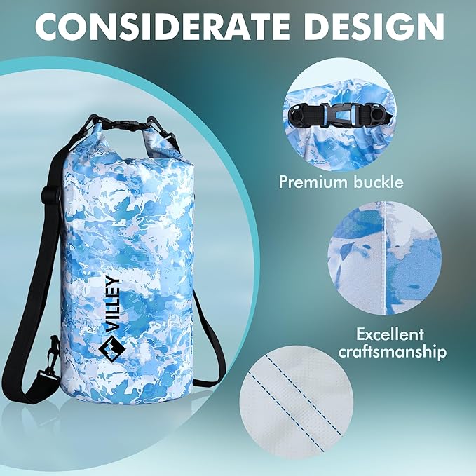 VILLEY Dry Bag Waterproof 10L Roll Top Sack Keeps Gear Dry Lightweight Dry Sack with Waterproof Phone Case for Kayaking Boating Camping Swimming and Beach Adventures Blue Camo
