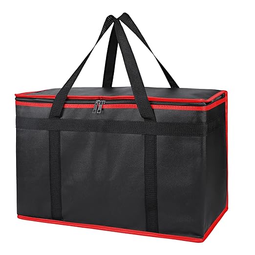 Bodaon Insulated Food Delivery Bag, XX-Large Reusable Grocery Shopping Bags, Picnic Cooler Bag Zipper/Zippered Top Cold, Black with Red Edge, 1-Pack