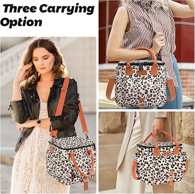 Joymee Insulated Lunch Bag for Women/Men, Waterproof Lunch Box for Office Work Picnic Beach, Reusable Large Leakproof Cooler Tote Bag with Adjustable Shoulder Strap & Side Pocket, Leopard Print