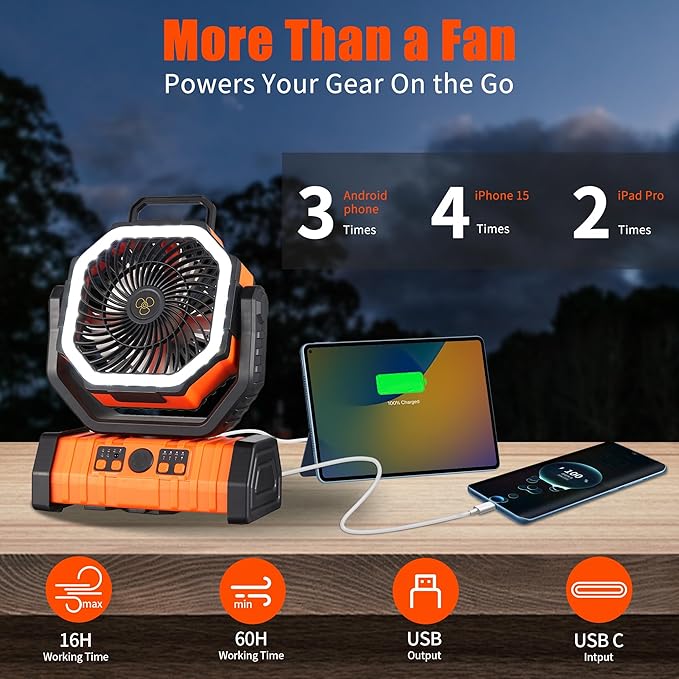 Rechargeable Fan,Operated Camping Battery Powered Fan with Hook&Bright LED Light,Remote Control Timer Auto Oscillation Cordless Outdoor for Power Outage,Picnic,Barbecue,Fishing,Travel,Jobsite,Home