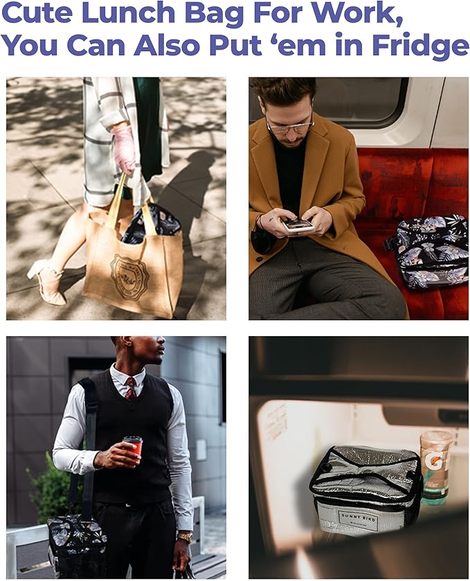 SUNNY BIRD Insulated Lunch Bag with Foldable and Leakproof Design, Thermally Insulated, Shoulder Strap for Women, Men and Teen (Hibiscus)