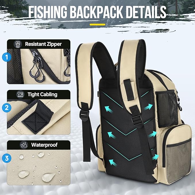 PLUSINNO Cooler Fishing Backpack with Rod Holders 45L Large Water-resistant Fishing Tackle bag Store Fishing Gear Fishing Gifts for Men Father