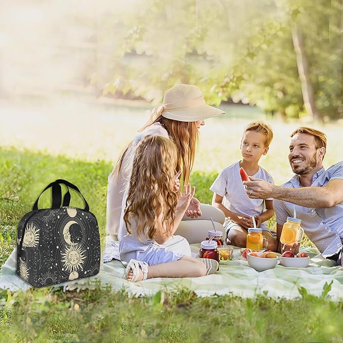 Insulated Lunch Bag, Gold Sun Moon Lunch Box for School Student Kids Boys Girls,Leakproof Small Lunch Tote for Adult Men Women,Reusable Lunch Cooler Tote Bag for Office Work Picnic