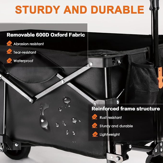140L Collapsible Wagon Cart Foldable, Folding Utility Grocery Cart with Side Pocket and Brakes for Shopping, Sports, Camping and Garden, Black