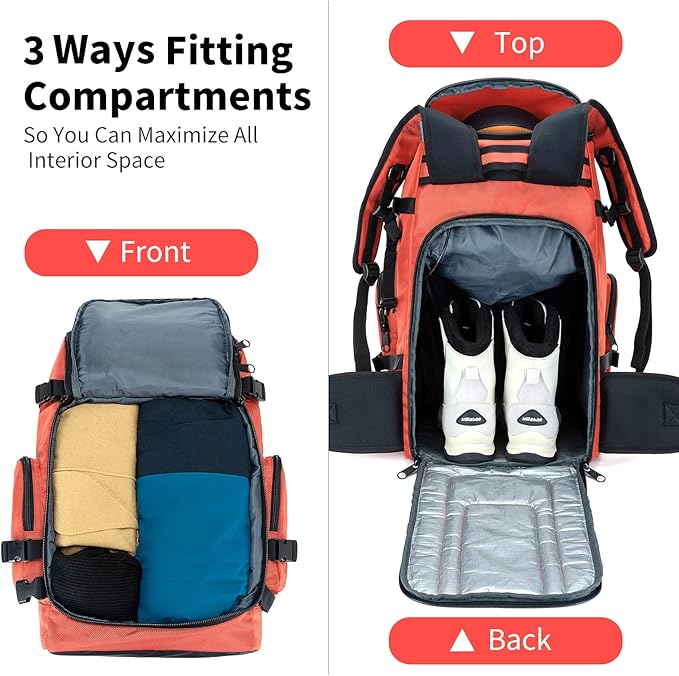 Ski Boot Bag Backpack, 50L Large Capacity Water-Resistant Padded Ski Travel Bag & Snowboard Boot Bag for Ski Boots, Helmet, Goggles, Clothes, Gloves, Snowboard Gear (Orange)