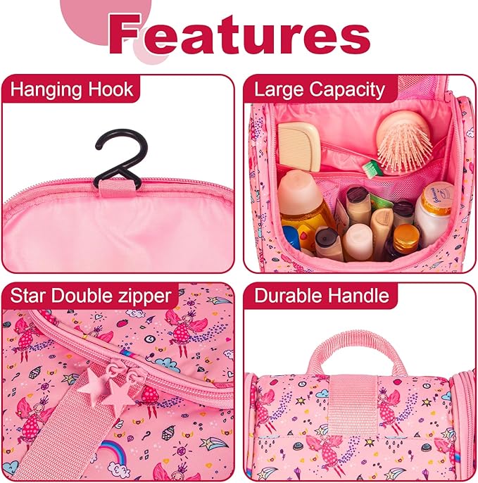 Cute Cartoon Hanging Kids Toiletry Bag Children Travel Cosmetic Makeup Organizer Wash Bag Shower bag Over Night Bag Camping Shaving Kit Bag for Boys & Girls(Fairy)