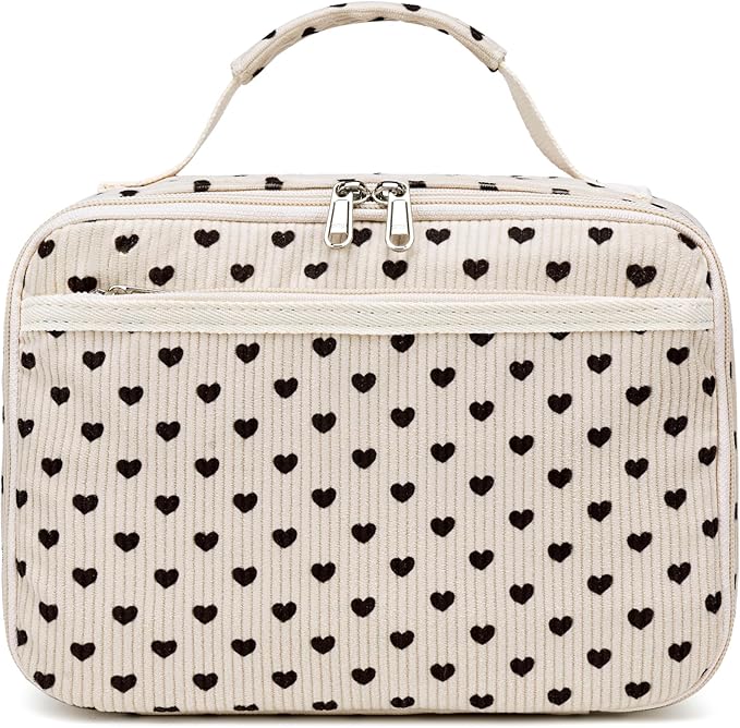 Kids Lunch Box Girls Corduroy Insulated Lunch Cooler Bag Reusable Lunch Tote Kit for School Travel(Heart)