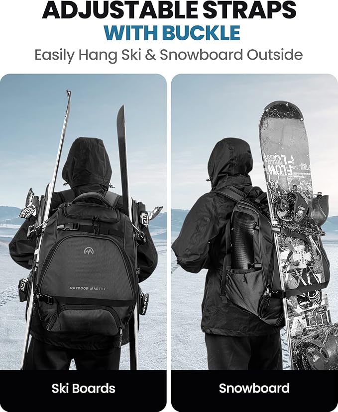 OutdoorMaster Ski Boot Bag, 50L Waterproof Snowboard Bag for Air Travel, Travel Boot Backpack for Ski Helmet, Goggles-Black