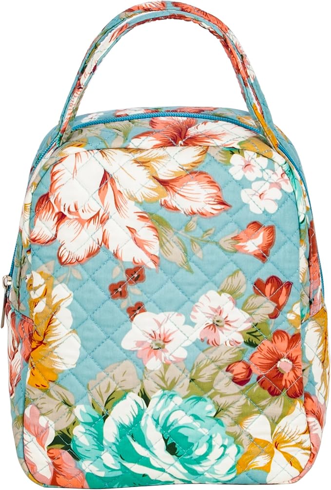 Machine Washable Women Quilted Fabric Insulated Reusable Cooler Lunch Bag Tote Adult Thermal Lunch Box Storage Bag for Ｗork (Floral)