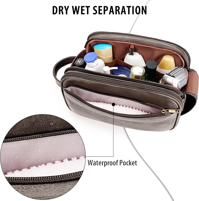 Travel Toiletry Bag for Men, Large Hanging Toiletries Organizer Bags, Cruise Ship Essentials, Water-resistant Shaving Case, PU Leather Makeup Accessories, Cosmetic Dopp Kit, Dark Brown