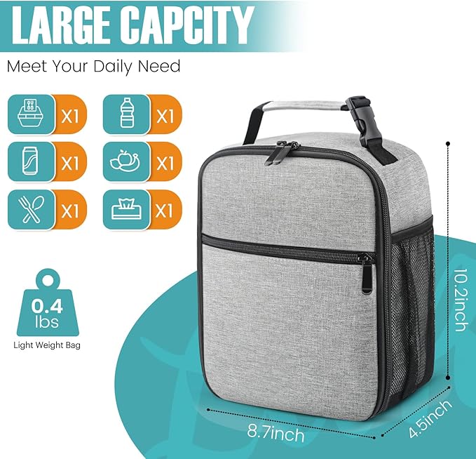 Lunch Bag for Men/Women, Reusable Lunchbox for Adult, Small Insulated Lunch box, Lunch Tote Bag for Office, Work, Picnic - Grey
