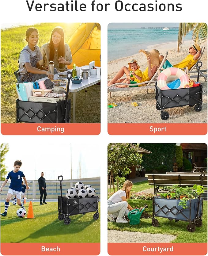 TOURIT Foldable Collapsible Wagon with All Terrain Wheels, Heavy Duty Portable Cart for Camping Beach Shopping, 330 lbs Capacity Utility Cart, Grayish Blue
