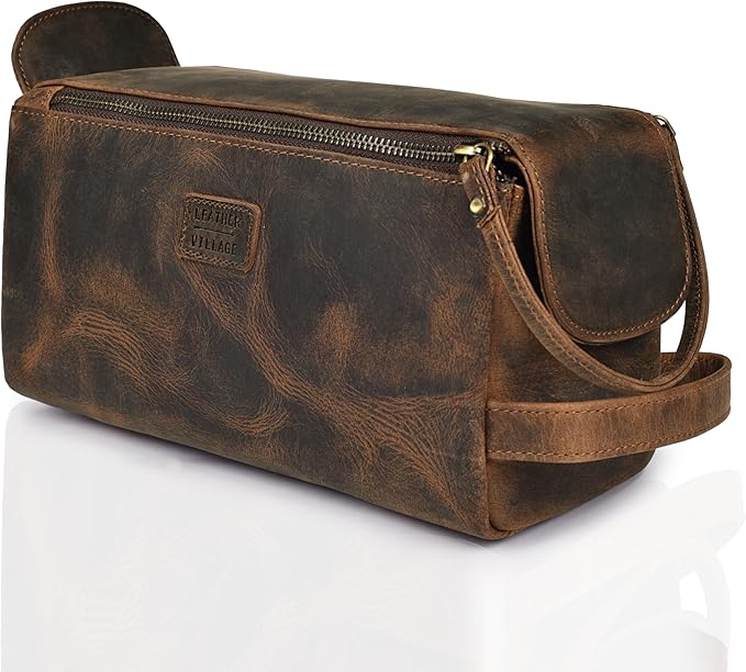LEATHER VILLAGE Premium Leather Travel Toiletry Bag - Unisex Water-Resistant Travel Dopp Kit, Shaving & Cosmetic Organizer for Men & Women - Compact Bathroom Essentials - Rustic Brown