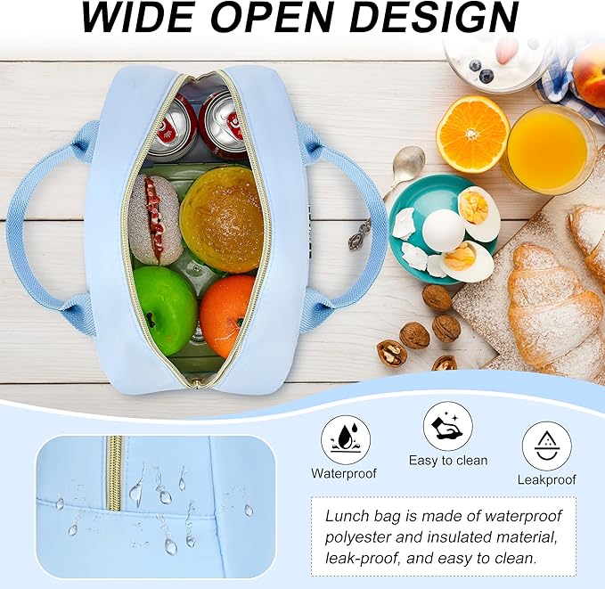 LOKASS Lunch Bag for Women-Insulated Adults Lunch Box with Front Pocket- Small Cute Lunch Tote for Work-Reusable Cooler Bag for Office Picnic Beach or Travel (Sky Blue)