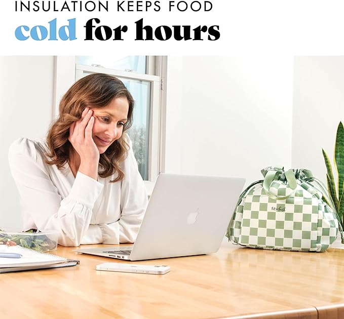 Fit & Fresh Lunch Bag For Women, Insulated Womens Lunch Bag For Work, Stain-Resistant Large Lunch Box For Women With Containers, Cinch Closure Cromwell Pistachio Checker Board