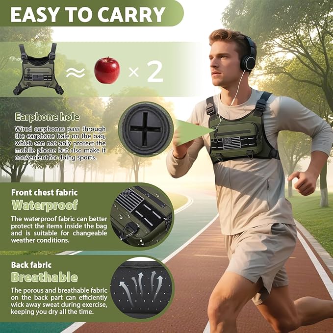 Sports Chest Bag For Men Women, Water Resistant Lightweight Front Chest Pack, Running Vest Bag With Built-In Phone Holder & Extra Storage For Workouts, Running, Cycling (Olive)