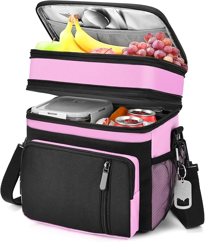 Lunch Bag Women & Lunch Box for Women, Large Insulated Adult Lunch Box, Leakproof Cooler Lunchbox with Bottle Opener for Work Picnic Beach, 16L, Pink