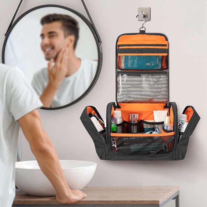Tactical Toiletry Travel Bag for Men, Hanging Dopp Kit Hygiene Bag Shower Organizer with Hook for Toiletries and Shaving Care, Black (Empty Bag)