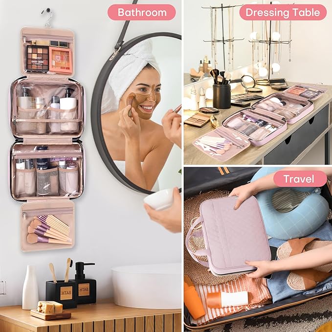 Travel Size Toiletry Bag for Women, Portable Cosmetic Bag with Hanging Hook, Travel Essentials Water-resistant Makeup Organizer for Accessories, Shampoo, Full-size Container, Toiletries