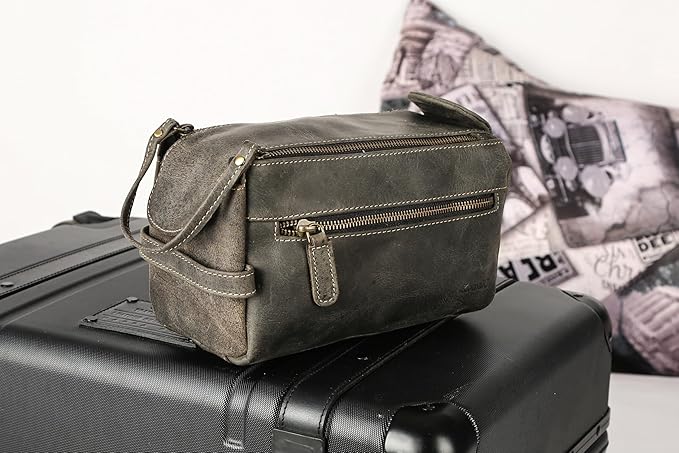 KomalC Premium Buffalo Leather Unisex Toiletry Bag Travel Dopp Kit