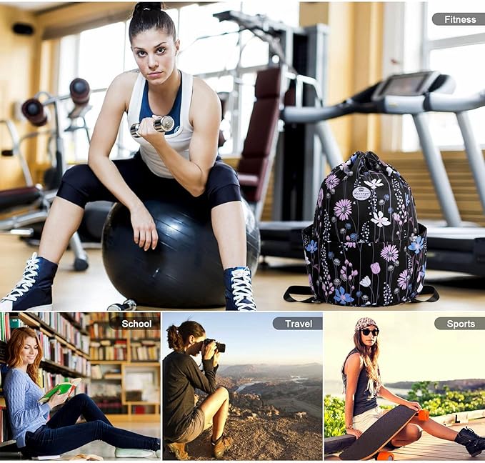HUA ANGEL Floral Print Drawstring Bag - Lightweight Waterproof Cinch Sackpack with Side Pocket for Men & Women Travel Gym Bag