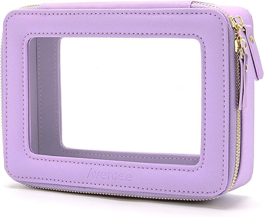 Aveniee Clear Makeup Bag for Women, Clear Cosmetic Case Travel Toiletry Bag, Heavy Duty Makeup Organizer Car Bag with Clear Windows & Gold Zippers(Lilac)