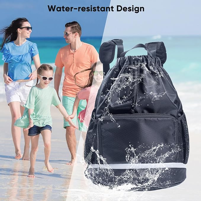 Swim Beach Sports Drawstring Backpack - Gym Bag with Shoes Compartment and Waterproof Pocket for Gym Accessories, Swim Essentials - Kids Mens Beach Workout Bag