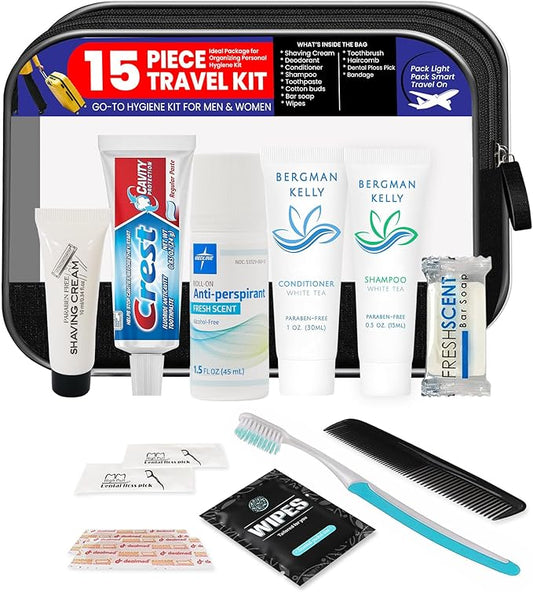 Trektote Travel Toiletry Kit For Men And Women – 15 Piece Set of Travel Size Toiletries, TSA Compliant, Includes Shampoo And Conditioner, Body Wash, Oral Care, Reusable Toiletry Bag & More
